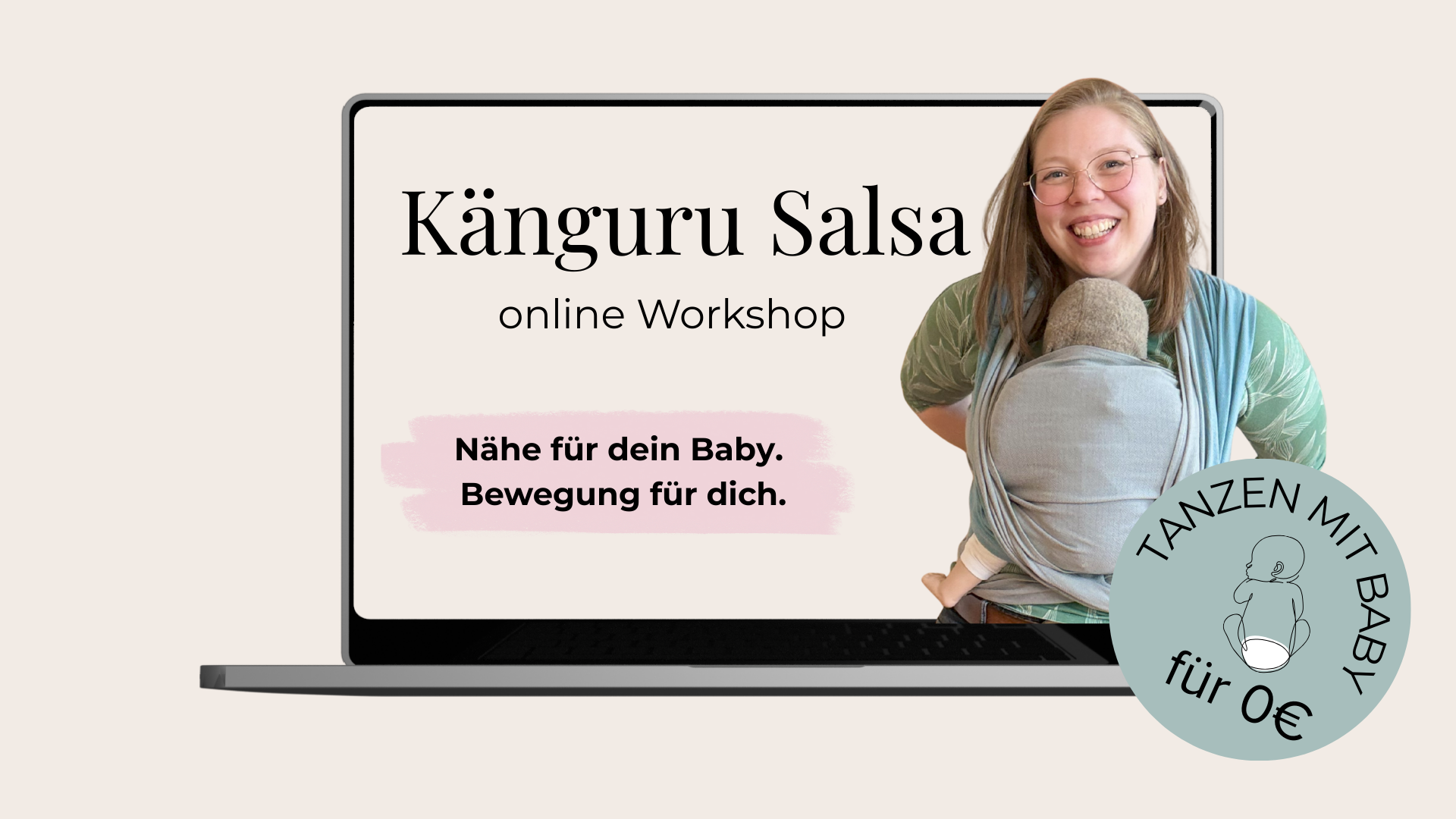 Nicole tanzt mit Baby in der Trage, Känguru Salsa Online-Workshop